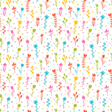 Cute colorful floral seamless pattern. Hand drawn botanical elements. Background with flowers. Scandinavian trendy print. Vector illustrationのイラスト素材
