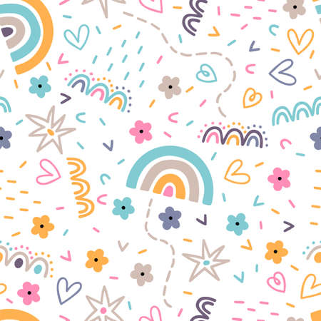 Cute scandinavian seamless pattern. Hand drawn nursery design. Trendy baby texture for fabric, textile, cloth, wrapping paper. Childish background. Vector illustrationのイラスト素材