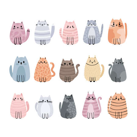 Collection of cute stylized cartoon cats. Funny animals. Adorable characters. Vector illustrationのイラスト素材