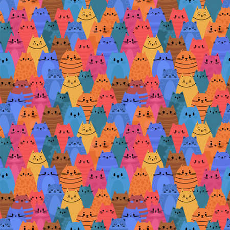 Cute seamless pattern with funny cats and kittens. Doodle characters of animals. Design for printing. Vector illustrationのイラスト素材