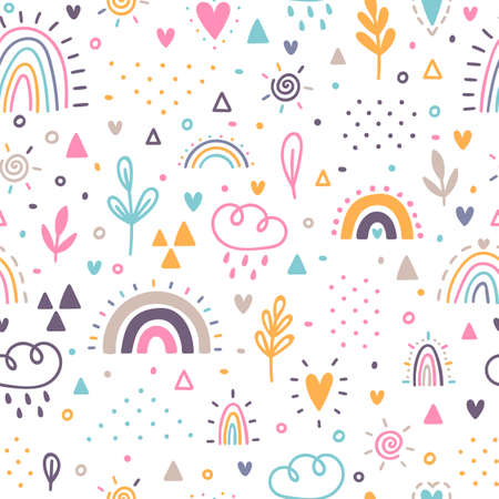 Hand drawn seamless pattern. Childish background with rainbows. Nursery design for kids. Trendy texture for fabric, textile, wrapping paper, cloth. Vector illustrationのイラスト素材