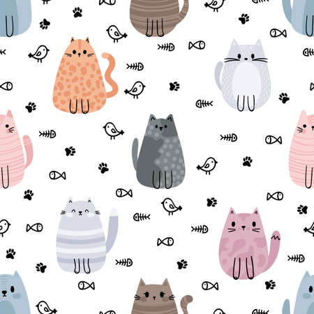 Seamless pattern with cute cats and kittens. Doodle characters. Design for printing. Vector illustrationのイラスト素材
