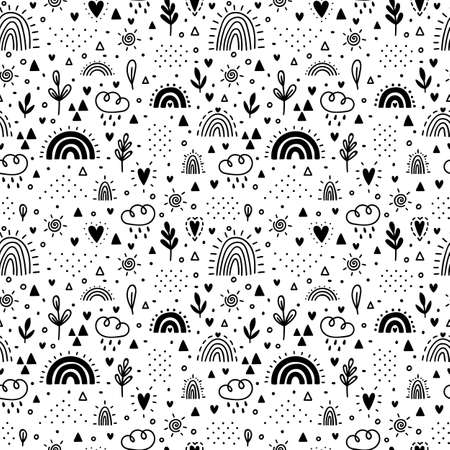 Hand drawn seamless pattern. Nursery design for kids. Childish background with rainbows. Trendy texture for fabric, textile, wrapping paper, cloth. Vector illustrationのイラスト素材