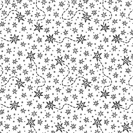 Hand drawn seamless pattern with stars and sparkles. Space. Constellations. Design for textile, fabric, wrapping, wallpaper. Scandinavian doodle style. Vector illustrationのイラスト素材
