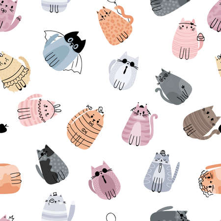 Cute seamless pattern with stylized cartoon cats. Adorable doodle characters. Design for textile, cloth, paper. Vector illustrationのイラスト素材