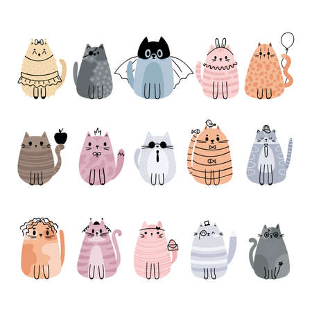 Set of cute stylized cartoon cats. Funny animals. Adorable heroes and characters. Vector illustrationのイラスト素材