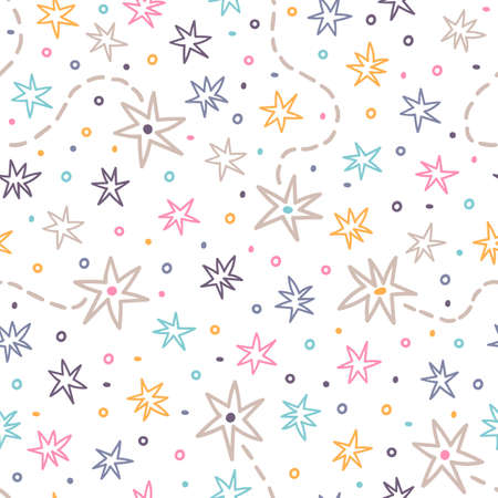 Hand drawn seamless pattern with stars and sparkles. Space. Constellation. Design for textile, fabric, wrapping, wallpaper. Scandinavian doodle style. Vector illustrationのイラスト素材