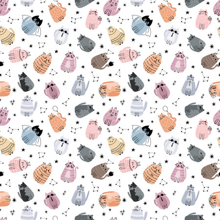 Cute seamless pattern with stylized cartoon cats. Adorable doodle characters. Space and stars. Design for cloth, textile, paper. Vector illustrationのイラスト素材