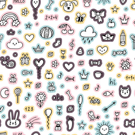 Cute hand darwn seamless pattern with sketch elements. Background for little kids. Children drawings. Doodle background. Vector illustrationのイラスト素材