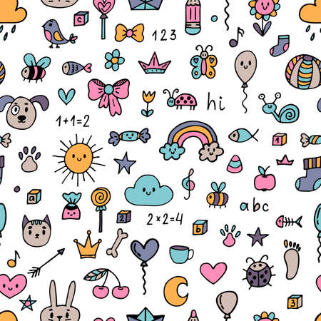 Background for kids. Hand drawn children drawings colored seamless pattern. Doodle children drawing background. Vector illustrationのイラスト素材