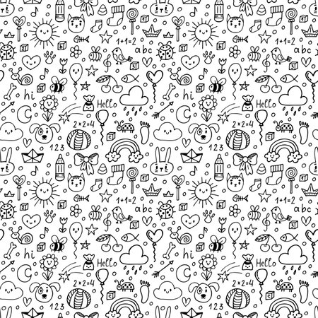 Background for cute little kids. Hand darwn seamless pattern. Children drawings. Doodle background. Vector illustrationのイラスト素材
