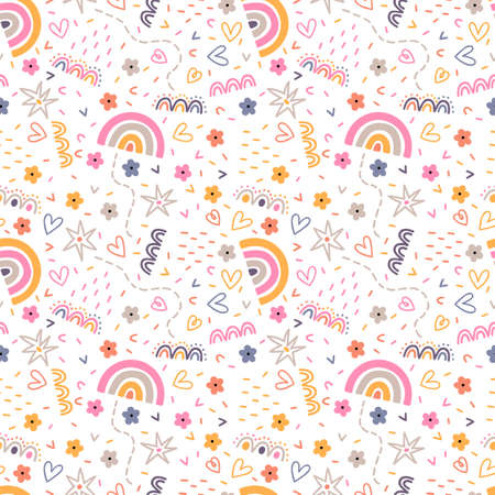 Cute scandinavian seamless pattern. Hand drawn nursery design. Trendy baby texture for fabric, textile, wrapping paper, cloth. Childish background. Vector illustrationのイラスト素材