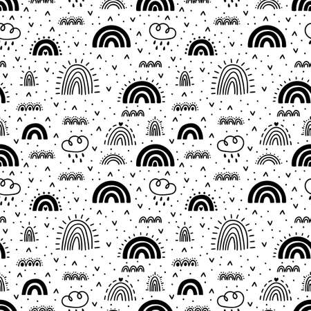 Cute seamless pattern with rainbows. Trendy baby texture for fabric, textile, cloth, wrapping paper. Hand drawn nursery design. Vector illustrationのイラスト素材