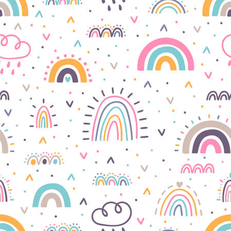Cute seamless pattern with rainbows. Hand drawn nursery design. Trendy baby texture for fabric, textile, cloth, wrapping paper. Vector illustrationのイラスト素材