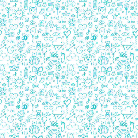 Background for cute little boys. Colored seamless pattern. Hand drawn children drawings. Doodle background. Vector illustrationのイラスト素材