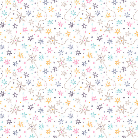 Hand drawn seamless pattern with stars and sparkles. Space. Constellation. Scandinavian doodle style. Design for textile, fabric, wrapping, wallpaper. Vector illustrationのイラスト素材