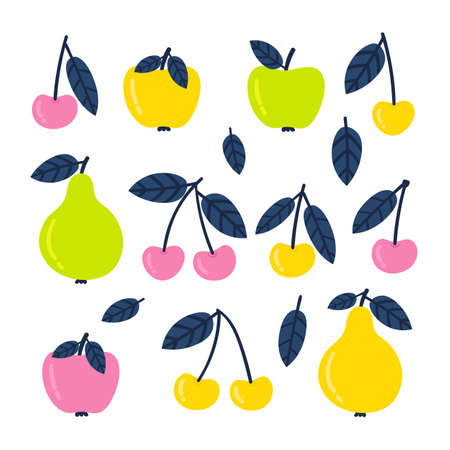 Set of cartoon fruits. Juicy pears, cherries and apples. Fruit isolated on white background. Vector illustrationのイラスト素材