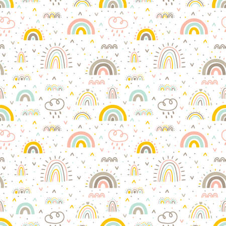 Cute seamless pattern with rainbows. Hand drawn nursery design elements. Trendy baby texture for fabric, textile, cloth, wrapping paper. Vector illustrationのイラスト素材