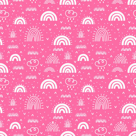 Cute seamless pattern with rainbows. Hand drawn nursery design. Trendy baby texture for fabric, textile, wrapping paper, cloth. Vector illustrationのイラスト素材
