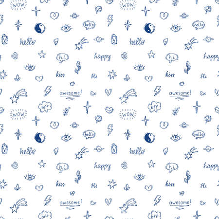 Abstract seamless pattern with doodle boho elements. Celestial sketch. Hand drawn background with old school tattoo design. Vector illustrationのイラスト素材