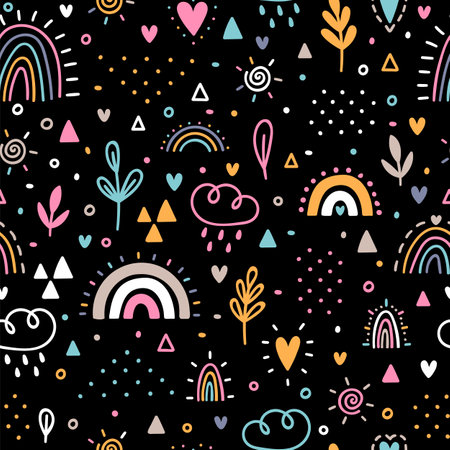 Hand drawn seamless pattern. Childish background with rainbows. Nursery design for kids. Trendy texture for fabric, wrapping paper, textile, cloth. Vector illustrationのイラスト素材
