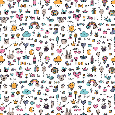 Hand drawn children drawings colored seamless pattern. Background for kids. Doodle children drawing background. Vector illustrationのイラスト素材