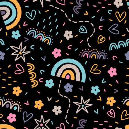 Cute scandinavian seamless pattern. Hand drawn nursery design. Trendy baby texture for fabric, cloth, textile, wrapping paper. Childish background. Vector illustrationのイラスト素材