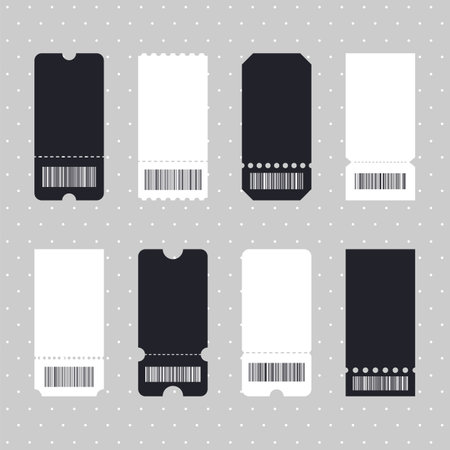 Set of vector templates entry tickets. Sale, discount, coupons with ruffle edges. Blank tickets. Concert, cinema cards. Vector illustrationのイラスト素材