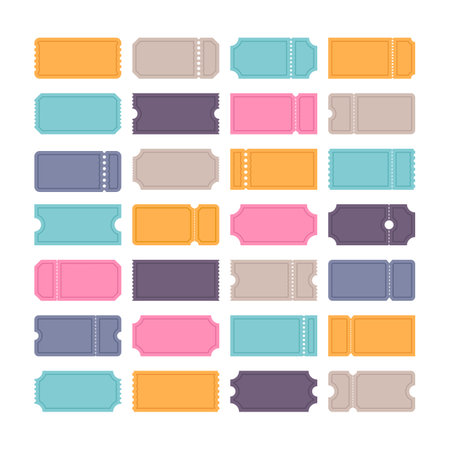 Set of vector templates entry tickets. Blank tickets. Discount, sale, coupons with ruffle edges. Concert, cinema cards. Vector illustrationのイラスト素材