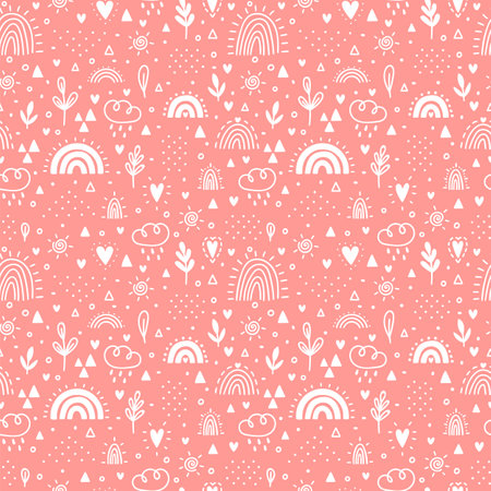 Cute seamless pattern. Background with rainbows. Nursery design. Trendy texture for fabric, textile, wrapping paper, cloth. Vector illustrationのイラスト素材
