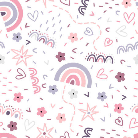 Cute scandinavian seamless pattern. Childish background. Hand drawn nursery design. Trendy baby texture for fabric, textile, wrapping paper, cloth. Vector illustrationのイラスト素材