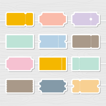 Blank tickets. Set of vector templates entry tickets. Discount, sale, coupons with ruffle edges. Concert, cinema cards. Vector illustrationのイラスト素材