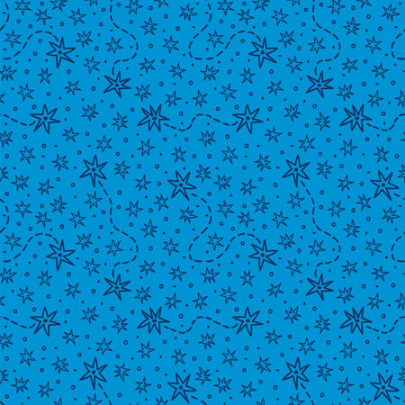 Hand drawn seamless pattern with stars and sparkles. Constellations. Space. Design for textile, fabric, wrapping, wallpaper. Scandinavian doodle style. Vector illustrationのイラスト素材