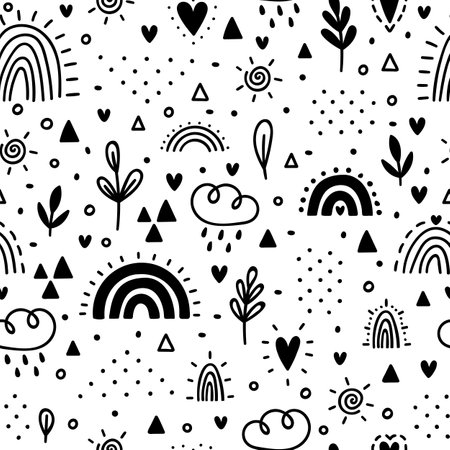 Hand drawn seamless pattern. Childish background with rainbows. Trendy texture for fabric, textile, cloth, wrapping paper. Nursery design for kids. Vector illustrationのイラスト素材