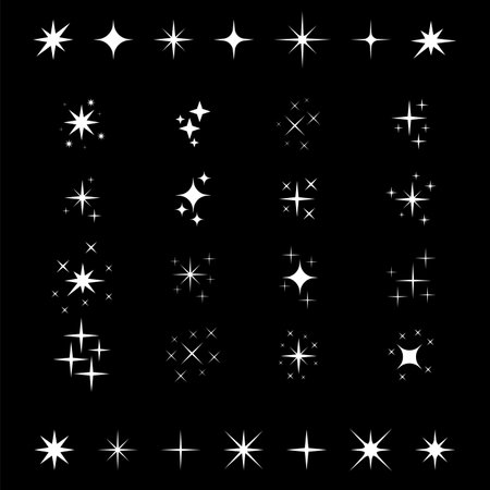 Sparkles icon set. Lights, stars. Glowing light effect of star shining bursts. Bright firework, lens, Christmas decoration twinkle. Vector illustrationのイラスト素材