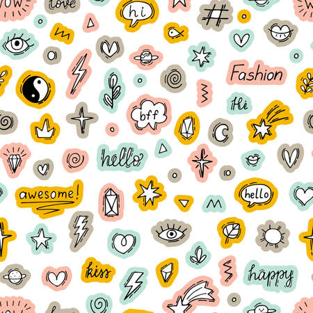 Cute abstract seamless pattern with doodle boho elements. Hand drawn background with tattoo design. Vector illustrationのイラスト素材