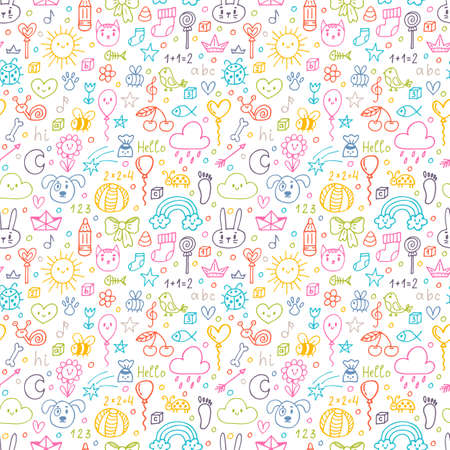Colored seamless pattern. Hand drawn children drawings. Background for cute little boys and girls. Doodle background. Vector illustrationのイラスト素材