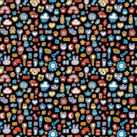 Cute hand darwn seamless pattern with sketch elements. Doodle background. Children drawings. Background for little kids. Vector illustrationのイラスト素材