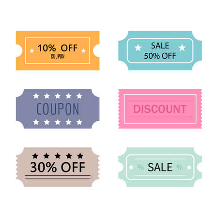Set of tickets and coupons templates. Sale, discount, coupons with ruffle edges. Vector illustrationのイラスト素材