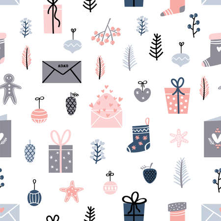 Christmas seamless pattern with toys and gifts. Happy New Year. Cartoon decoration. Vector illustrationのイラスト素材