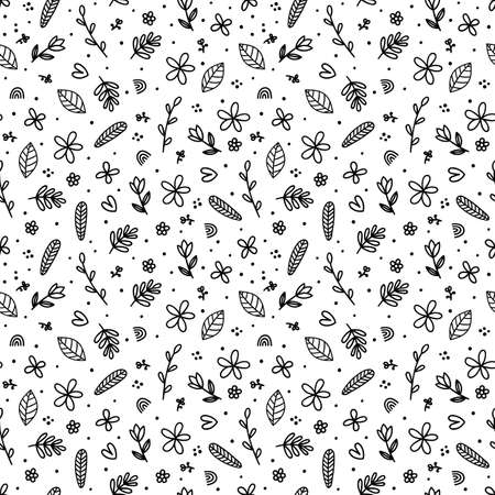 Cute floral seamless pattern with hand drawn elements on white background. Scandinavian style. Doodle flowers. Vector illustrationのイラスト素材