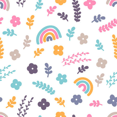 Cute floral seamless pattern with hand drawn elements. Rainbow, flowers. Scandinavian style. Vector illustrationのイラスト素材