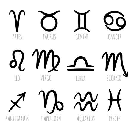 Hand drawn zodiac signs set. Astrological mystical symbols, icons. Horoscope. Calendar collection. Vector illustrationのイラスト素材
