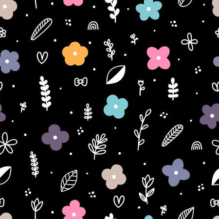 Cute floral seamless pattern with hand drawn elements. Scandinavian style. Doodle flowers. Vector illustrationのイラスト素材