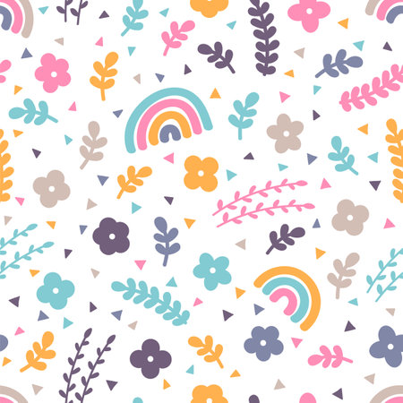 Cute floral seamless pattern with hand drawn elements. Spring time. Rainbow, flowers. Scandinavian style. Vector illustrationのイラスト素材