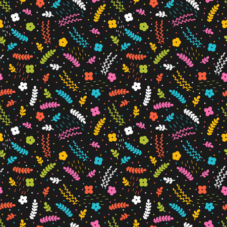 Cute seamless pattern with hand drawn elements. Floral background. Scandinavian style. Spring. Doodle flowers. Vector illustrationのイラスト素材
