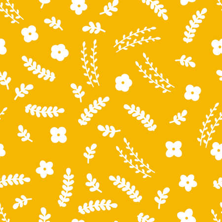 Floral seamless pattern with hand drawn elements. Scandinavian style. Cute flowers on yellow background. Vector illustrationのイラスト素材