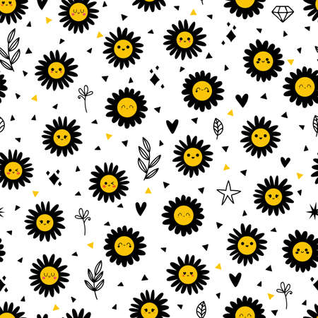 Daisy flowers seamless pattern. Cute floral seamless pattern. Beautiful chamomile print great for fabric, wrapping paper. Vector illustrationのイラスト素材
