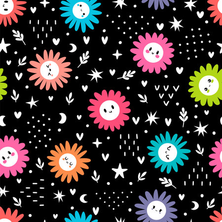 Cute seamless pattern with colored daisies. Floral print with chamomile. Vector illustrationのイラスト素材