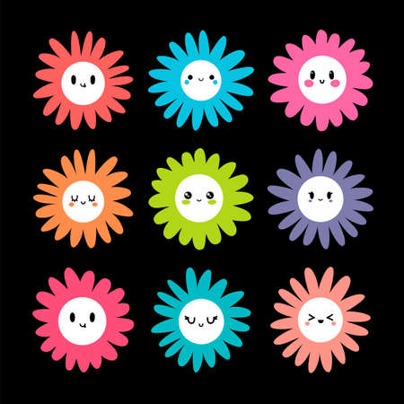 Chamomile emoji. Daisy flowers. Kawaii set of cute characters. Emotion collection. Vector illustrationのイラスト素材